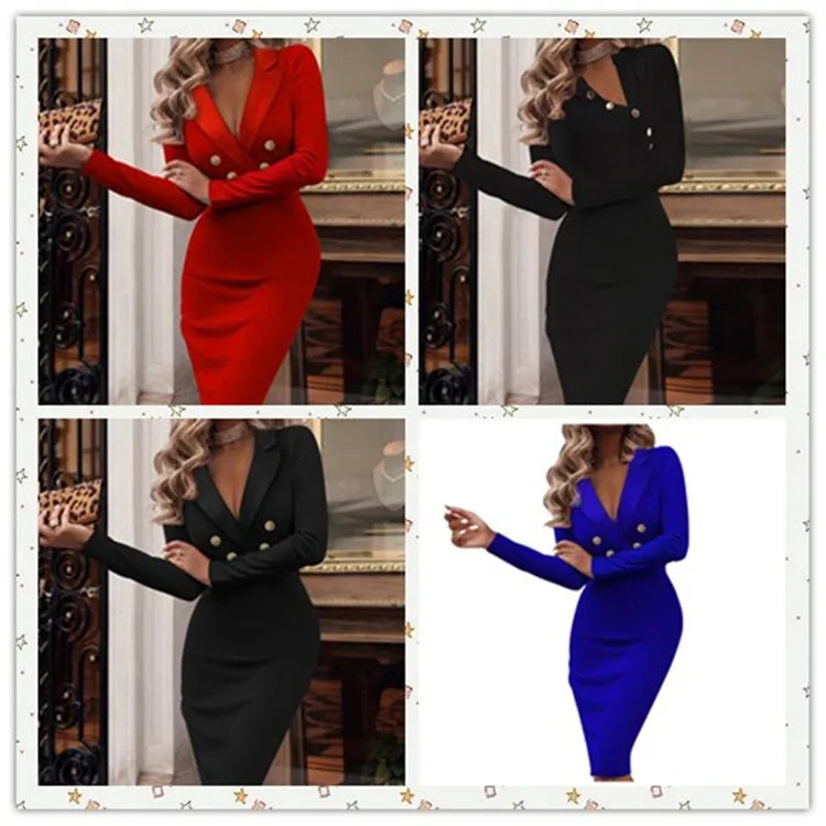 Sexy Deep V-neck Long-sleeved Slim Dress