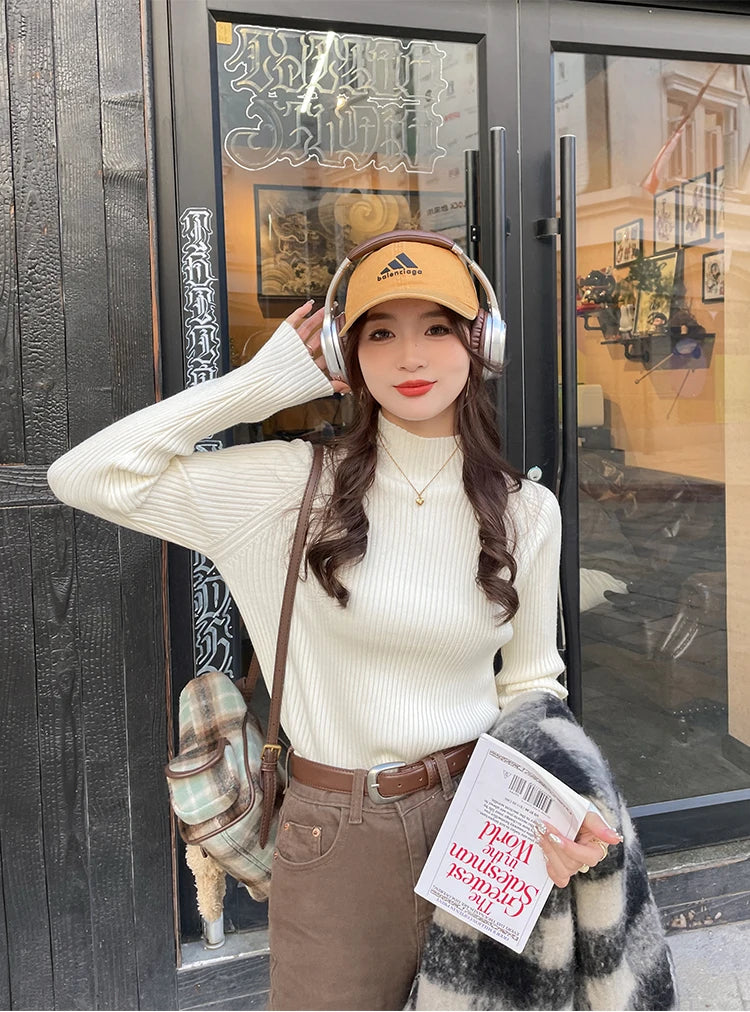 Autumn Winter Sweater Women Pullovers Long Sleeve Tops Clothes Slim Knit Soft Jumper Streetwear Button Turtleneck Sweater