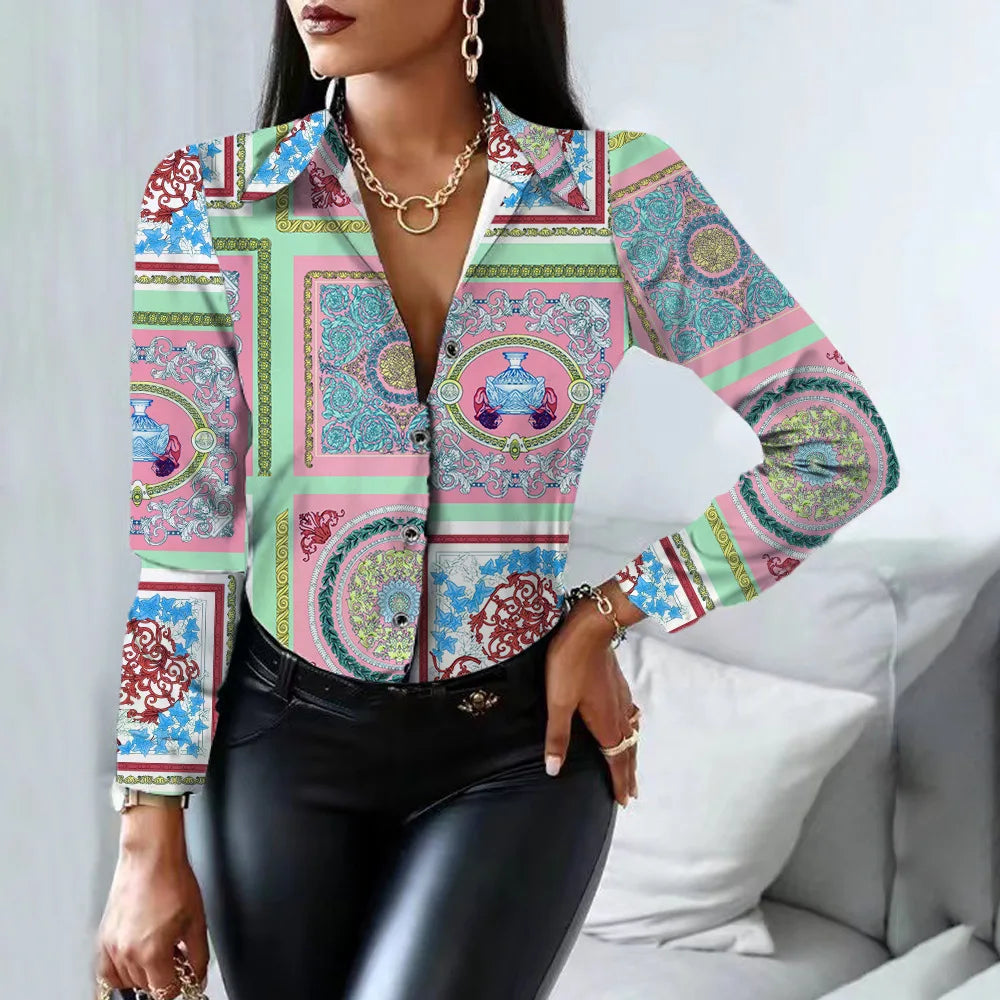 Elegant Office Ladies Turn Down Colar Blouseshirt Women Vintage Popular Printing Slim Shirts Autumn Fashion Long Sleeve Tops