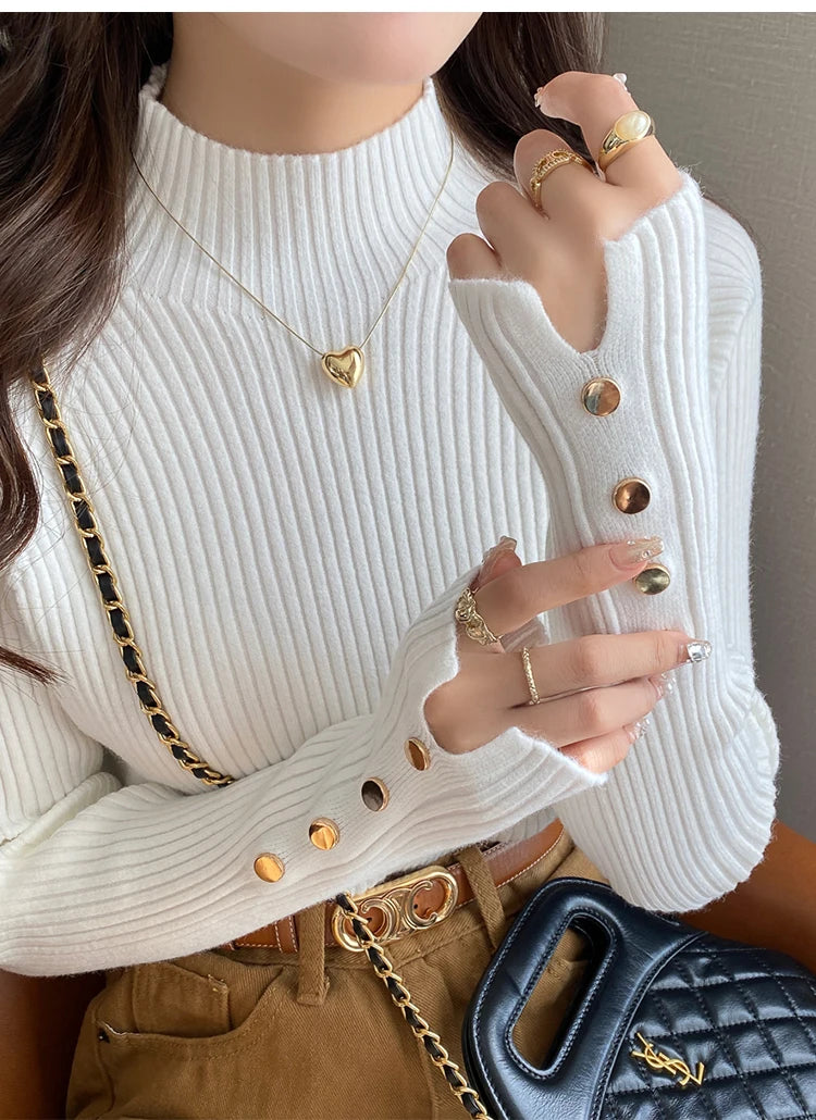 Autumn Winter Sweater Women Pullovers Long Sleeve Tops Clothes Slim Knit Soft Jumper Streetwear Button Turtleneck Sweater