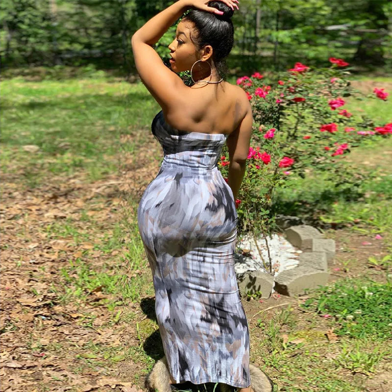 Spring And Summer Dresses For Women Chest Wrap Printed Off Shoulder Bandage Slim Sexy Long Dress