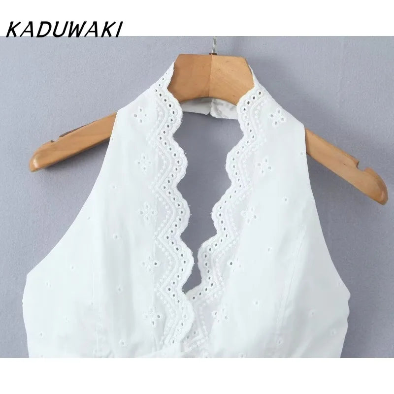 KADUWAKI Sexy White Embroidery Hollow Out Lace Halter Tank Top Side Zipper Waist Package Hips A-line Skirt 2 Piece Sets Summer