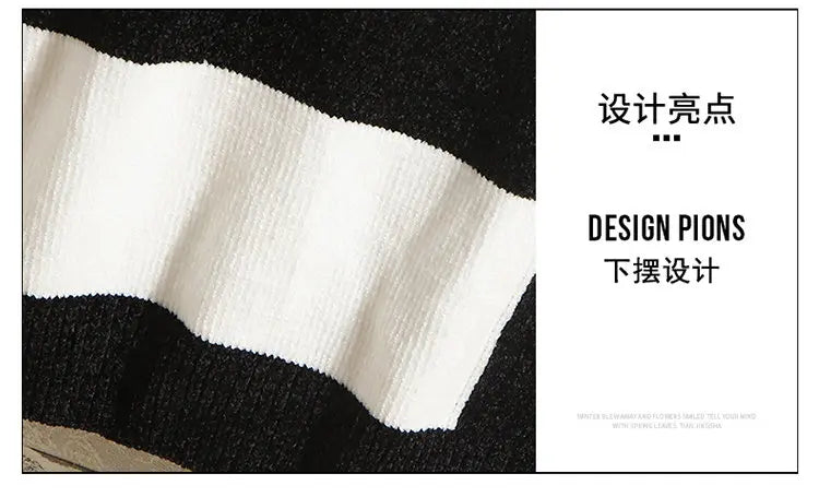 Men's Fashion Long Sleeve Round Neck Black and White Striped Chenille Sweater Autumn/winter Comfort Knit