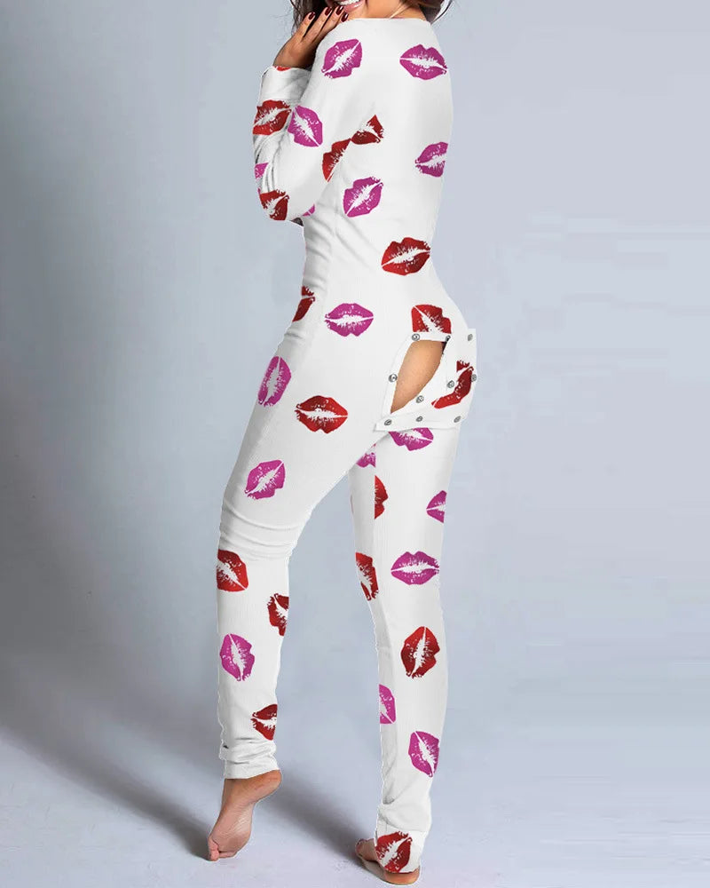Women's Pajamas Christmas Printed Sexy Jumpsuit Fashion Casual Button Front Bottom Rear Hip Opening Flip Jumpsuits