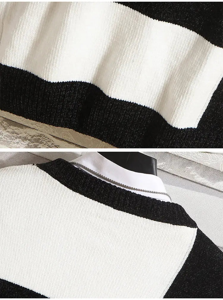Men's Fashion Long Sleeve Round Neck Black and White Striped Chenille Sweater Autumn/winter Comfort Knit