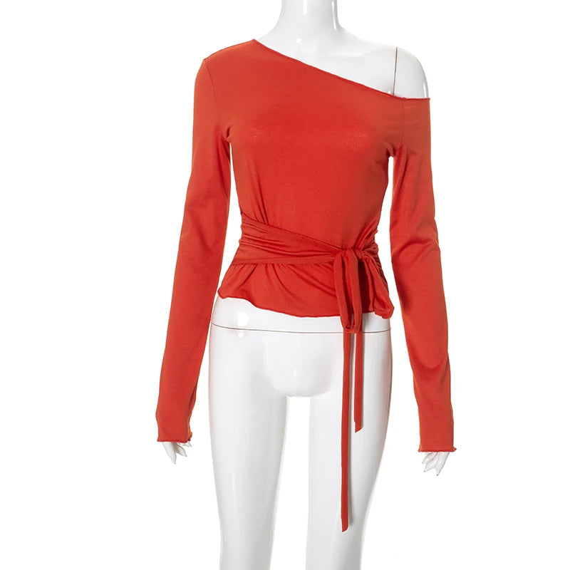 CUTENOVA Autumn Solid Color Slant Neck Off Shoulder Long Sleeve T Shirt Bandage Waist Tie Elegant Cropped Top For Women Wear