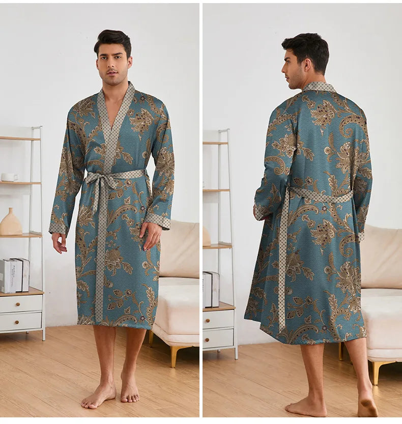 Spring Summer New Men Pajama 2PCS Robe Shorts Set Silky Satin Kimono Bathrobe Pants Lingerie Home Clothing Loungewear