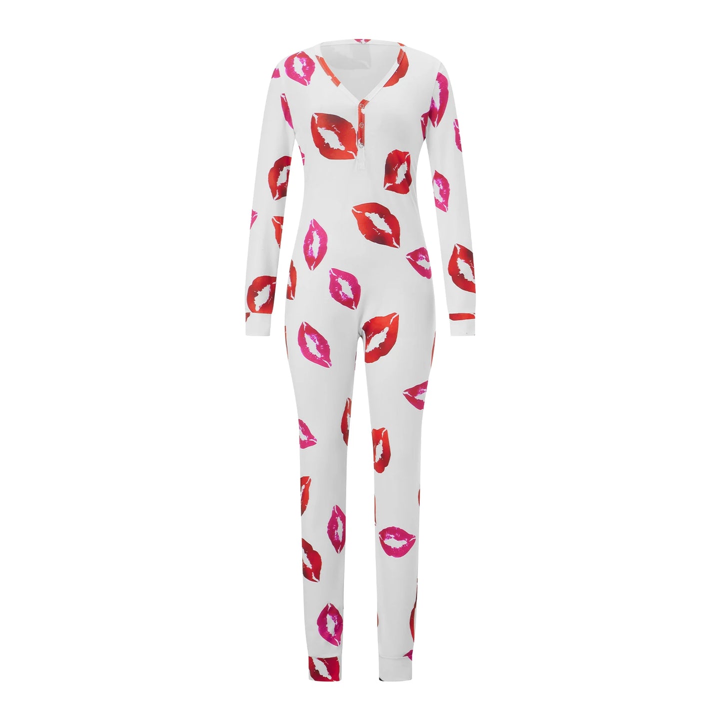 Women Buttoned Flap Jumpsuits Sleepwear Cow Printed Long Sleeve V Neck Bodycon Romper Spring Fall Loungewear
