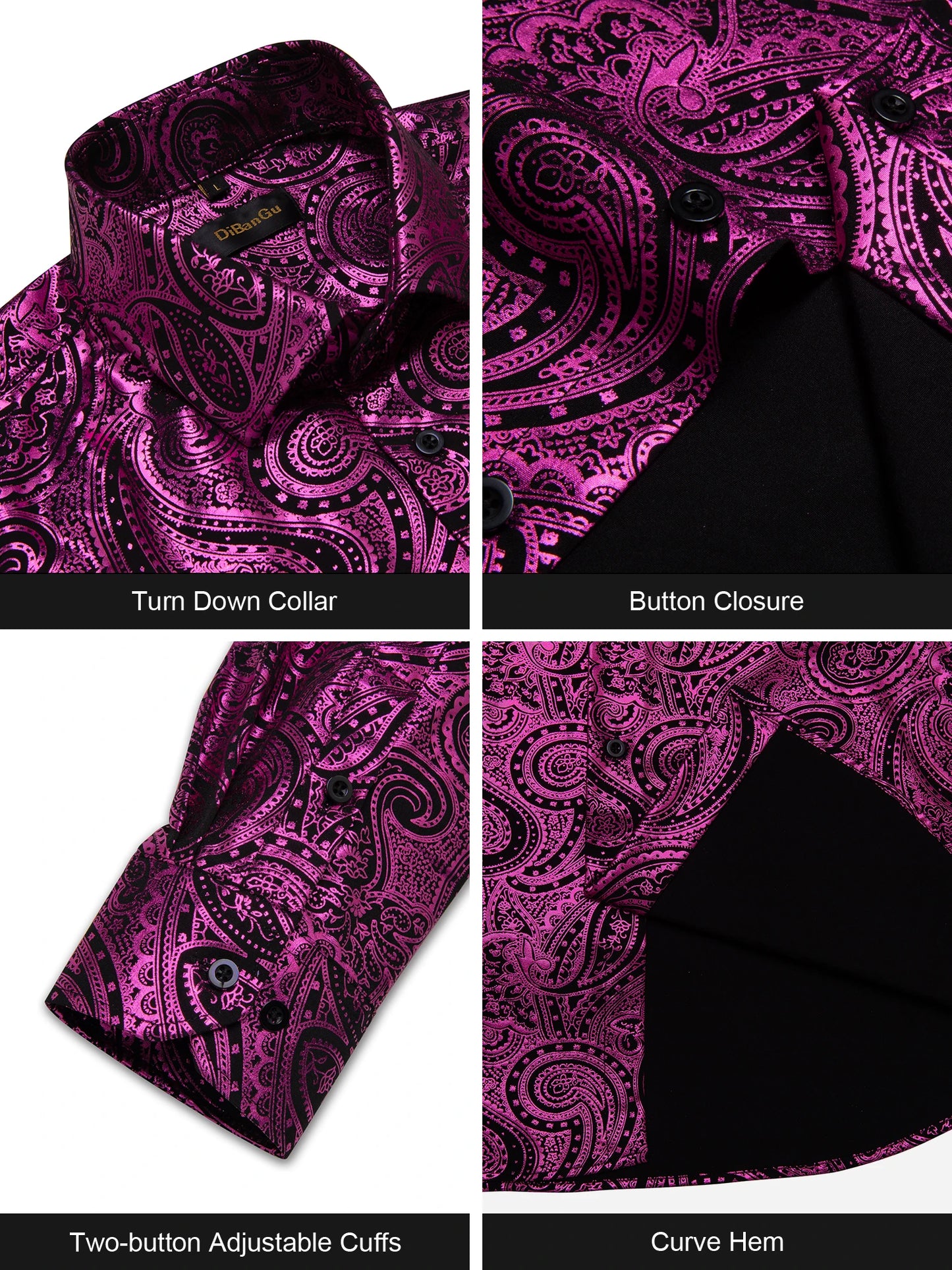Luxury Purple Gilding Paisley Shirts for Men Long Sleeve Social Prom Party Men Clothing Button Down Collar Formal Dress Shirt