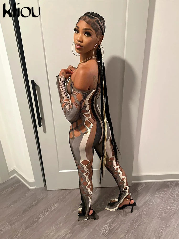 kliou Mesh Stripe Women Jumpsuits Hipster Sexy Thin See Through Off Shoulder Hollow Sheath Overalls Female Attractive One Piece