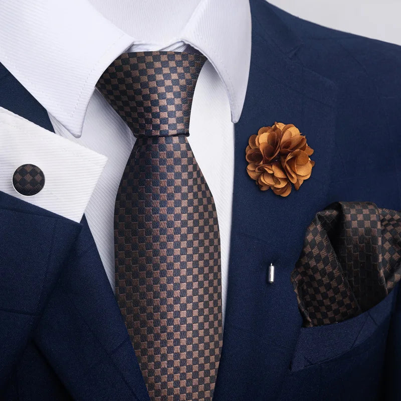 Luxury Mens Ties Floral Black Gold Ties Paisley NeckTie Pocket Square Cufflinks Brooch Set Men's Wedding Party Tie