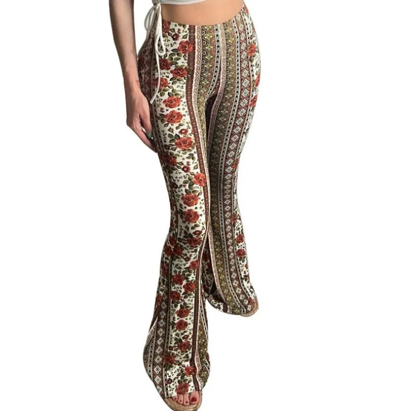 Summer Bohemia Women’s Bootcut Pants Elastic Trousers New Fashion Slim Fit Tight Printed Casual Pant Female Long Streetwear