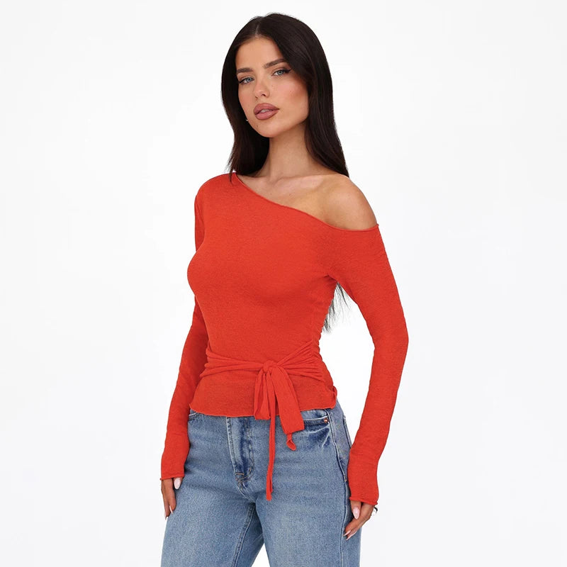CUTENOVA Autumn Solid Color Slant Neck Off Shoulder Long Sleeve T Shirt Bandage Waist Tie Elegant Cropped Top For Women Wear