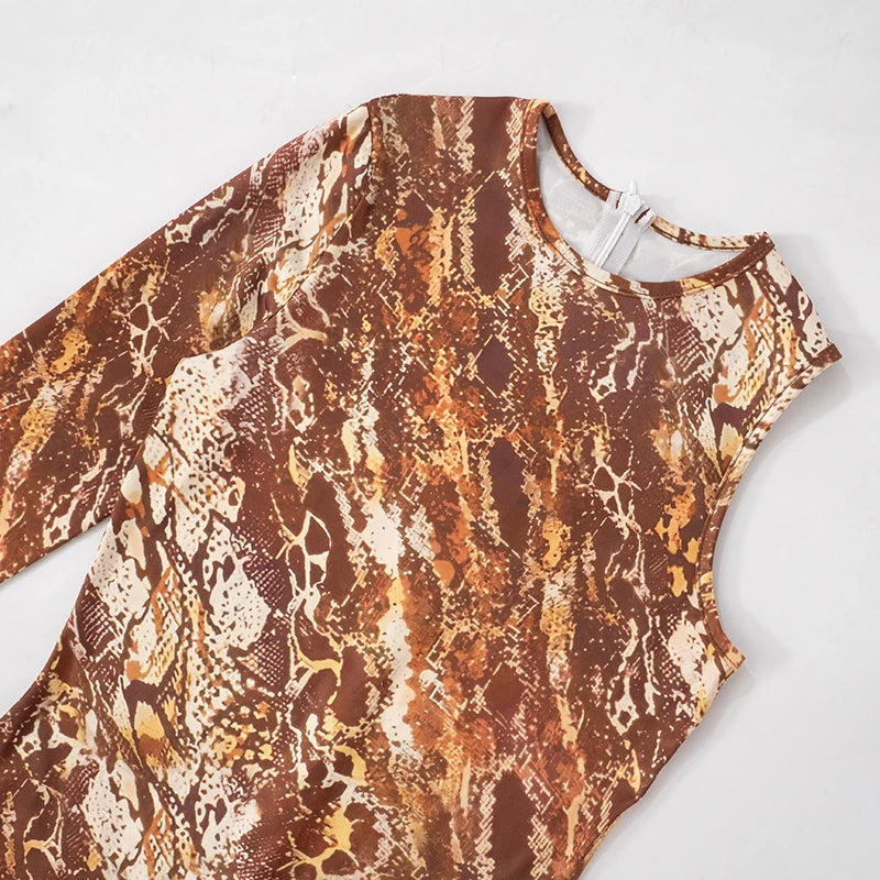 CUTENOVA 2025 Spring Brown Single Shoulder Long Sleeve One Piece Jumpsuit Snake Print Back Zipper Jumpsuits For Women Sexy Wear