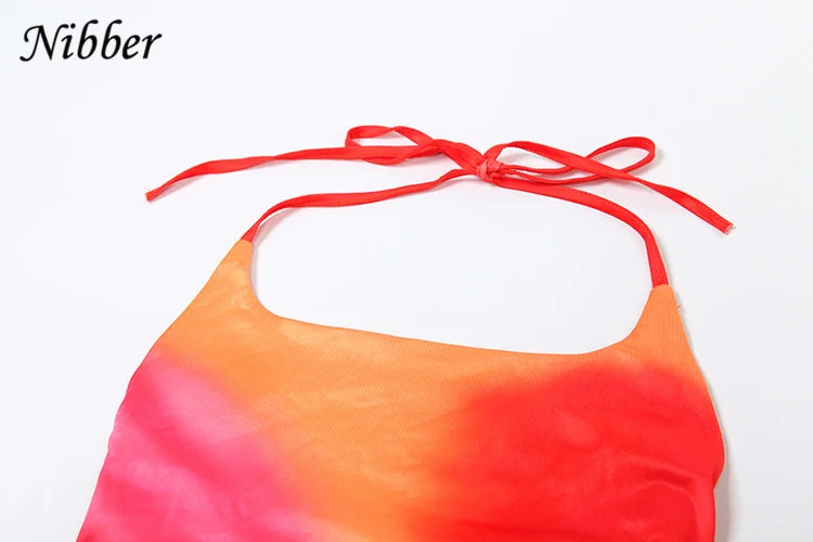 Nibber Spaghetti Strap Sexy Dress Women Y2K Backless Peach Hip Lace Up Bodycon Gradient Print Summer Beach Vacation Clubwear