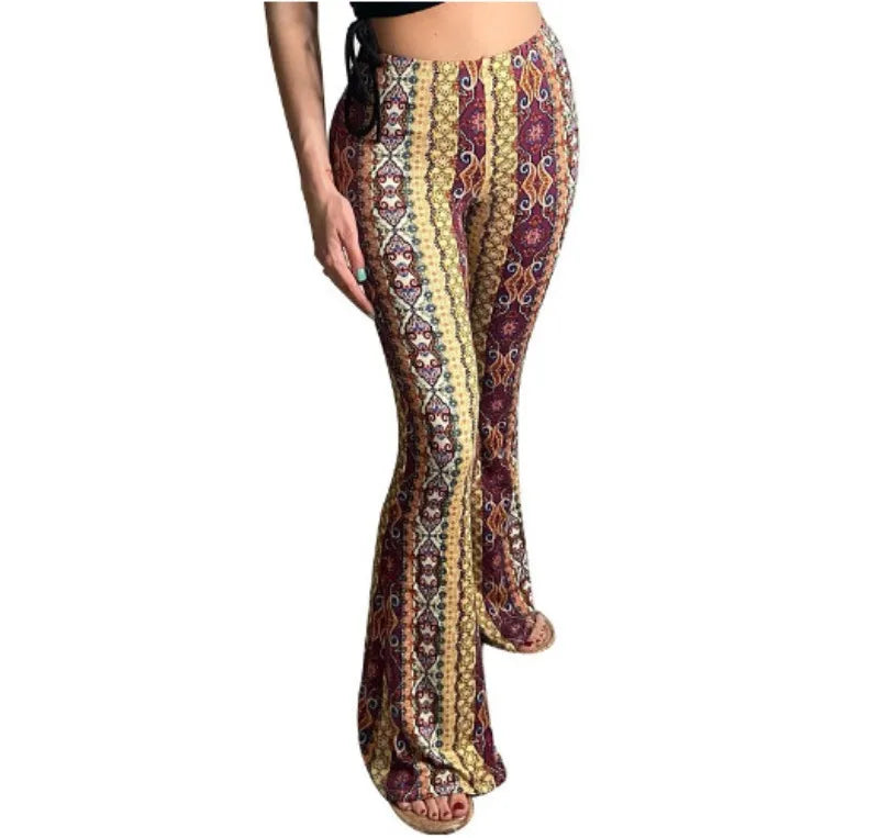 Summer Bohemia Women’s Bootcut Pants Elastic Trousers New Fashion Slim Fit Tight Printed Casual Pant Female Long Streetwear