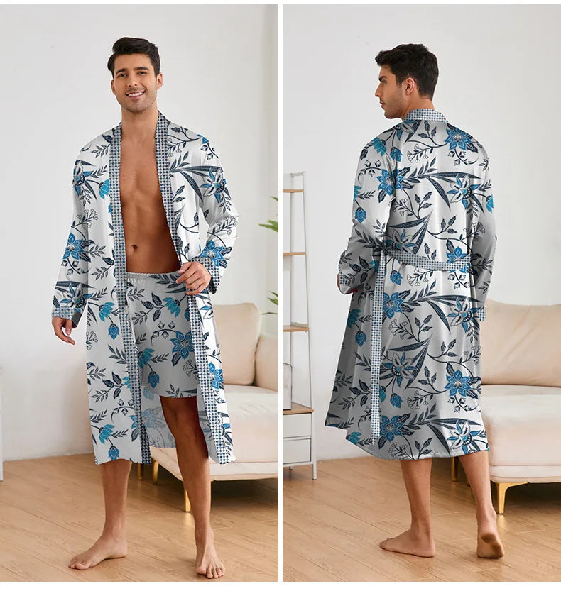 Spring Summer New Men Pajama 2PCS Robe Shorts Set Silky Satin Kimono Bathrobe Pants Lingerie Home Clothing Loungewear