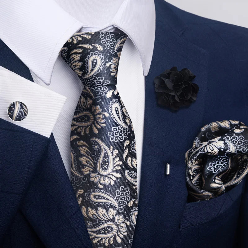 Luxury Mens Ties Floral Black Gold Ties Paisley NeckTie Pocket Square Cufflinks Brooch Set Men's Wedding Party Tie