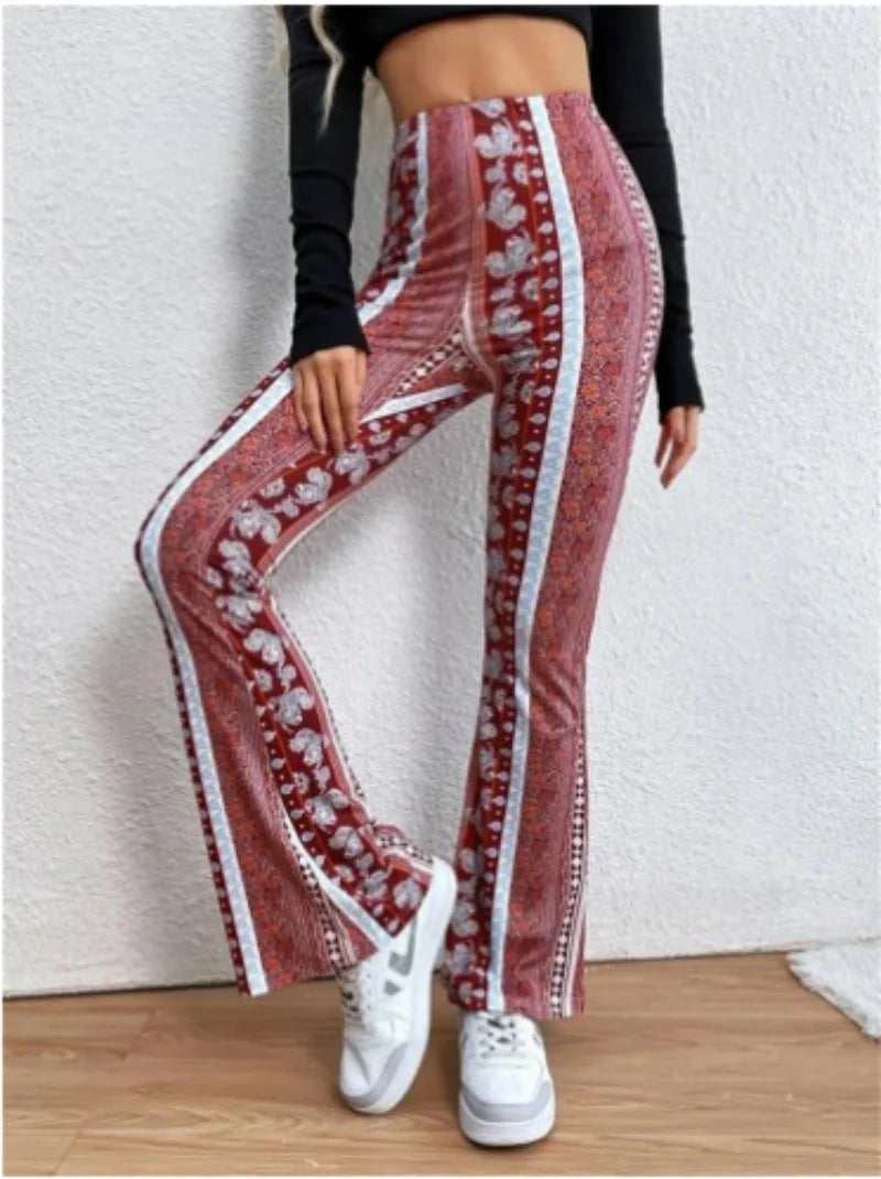 Summer Bohemia Women’s Bootcut Pants Elastic Trousers New Fashion Slim Fit Tight Printed Casual Pant Female Long Streetwear