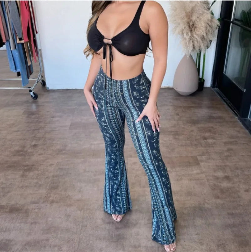 Summer Bohemia Women’s Bootcut Pants Elastic Trousers New Fashion Slim Fit Tight Printed Casual Pant Female Long Streetwear