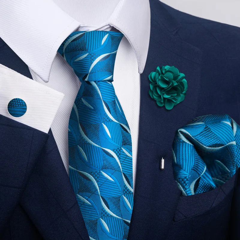 Luxury Mens Ties Floral Black Gold Ties Paisley NeckTie Pocket Square Cufflinks Brooch Set Men's Wedding Party Tie