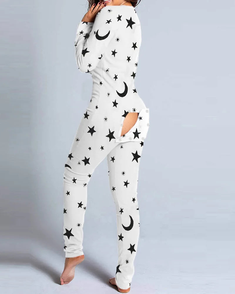 Women's Pajamas Christmas Printed Sexy Jumpsuit Fashion Casual Button Front Bottom Rear Hip Opening Flip Jumpsuits