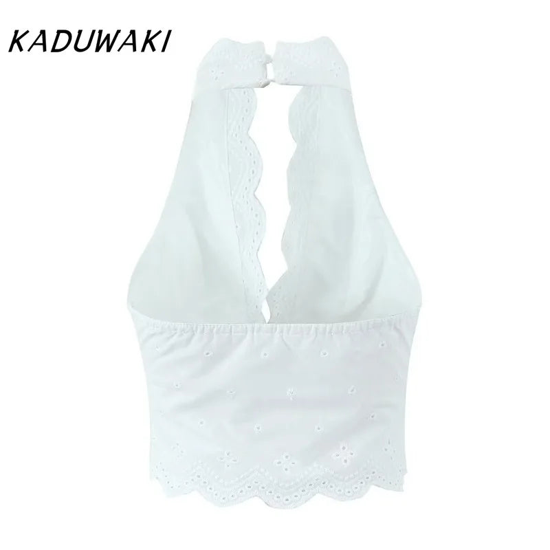 KADUWAKI Sexy White Embroidery Hollow Out Lace Halter Tank Top Side Zipper Waist Package Hips A-line Skirt 2 Piece Sets Summer