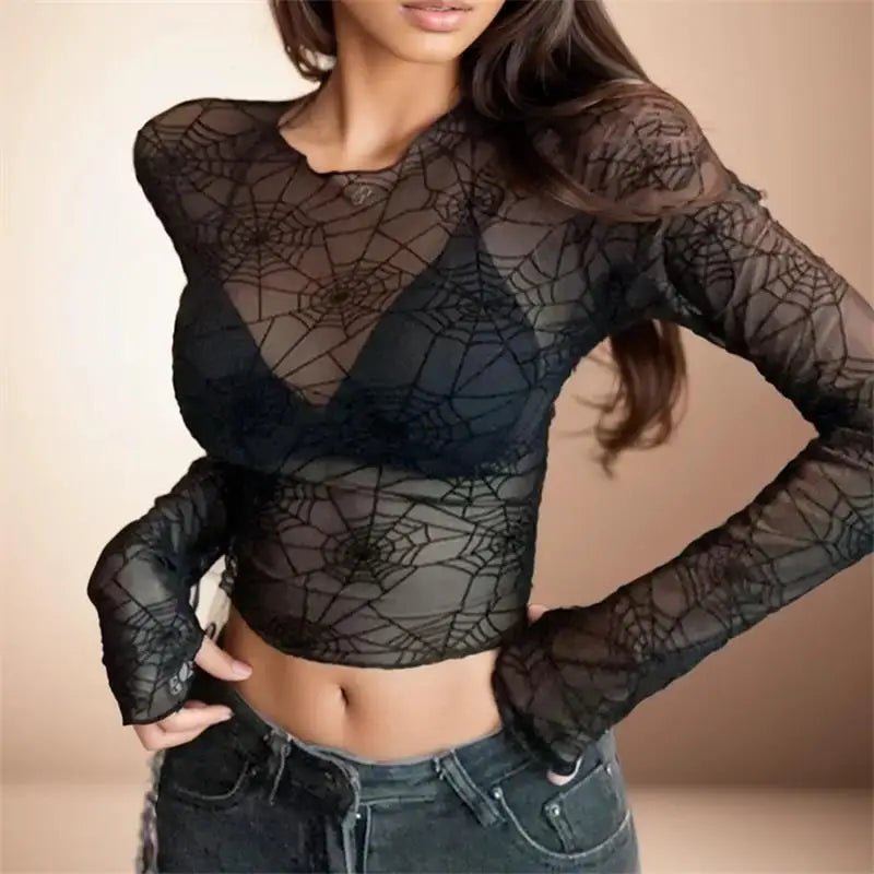 Spider Mesh Yarn Crop Top Long Sleeves Top Sexy Black Fairy Grunge Clothes Transparent Club Streetwear T-shirt Women Summer Y2k