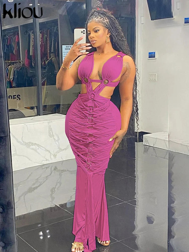 kliou Woven Shirring Women Long Dresses Solid Sexy Elegant Deep V-neck Hollow Stunning Bodycon Mujer High Street Party Vestidos