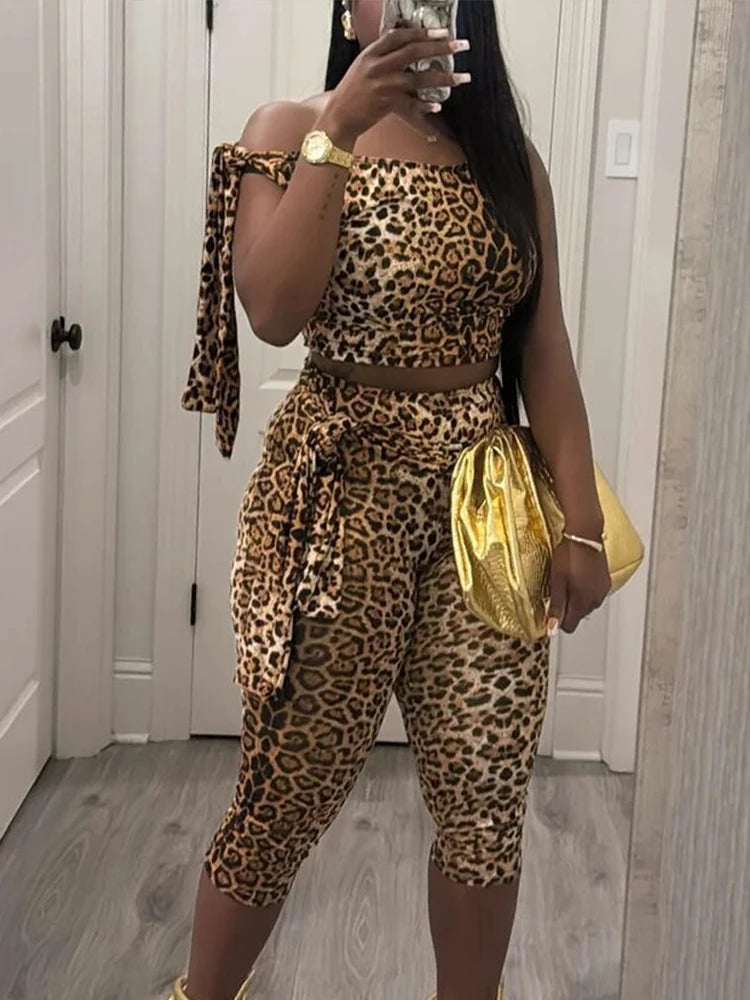 Weird Puss Summer 2 Piece Set Women Leopard Print Inclined Shoulder Tank Tops+Shorts Stretch Tight Matching Streetwear Outfits
