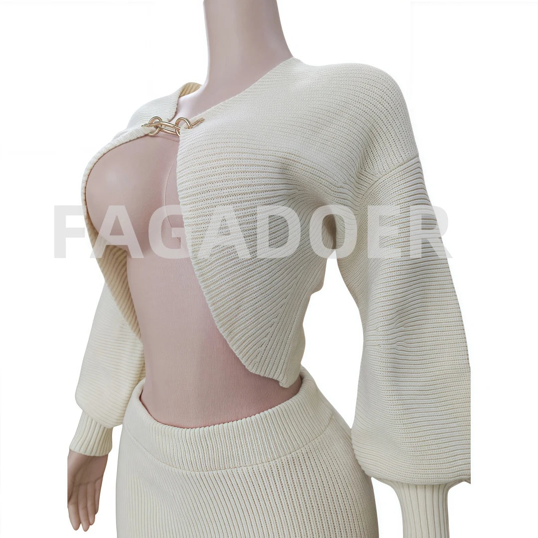 FAGADOER High Quality Elegant Knit Women 2 Piece Set Outfit Hollow Out Lantern Sleeve Crop Cardigan + Long Skirt Suit Streetwear