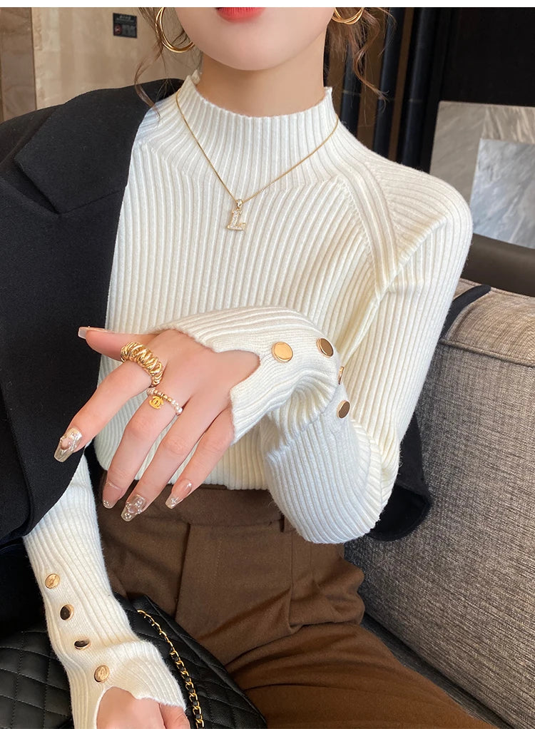 Autumn Winter Sweater Women Pullovers Long Sleeve Tops Clothes Slim Knit Soft Jumper Streetwear Button Turtleneck Sweater