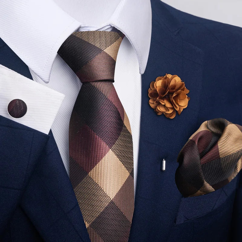 Luxury Mens Ties Floral Black Gold Ties Paisley NeckTie Pocket Square Cufflinks Brooch Set Men's Wedding Party Tie
