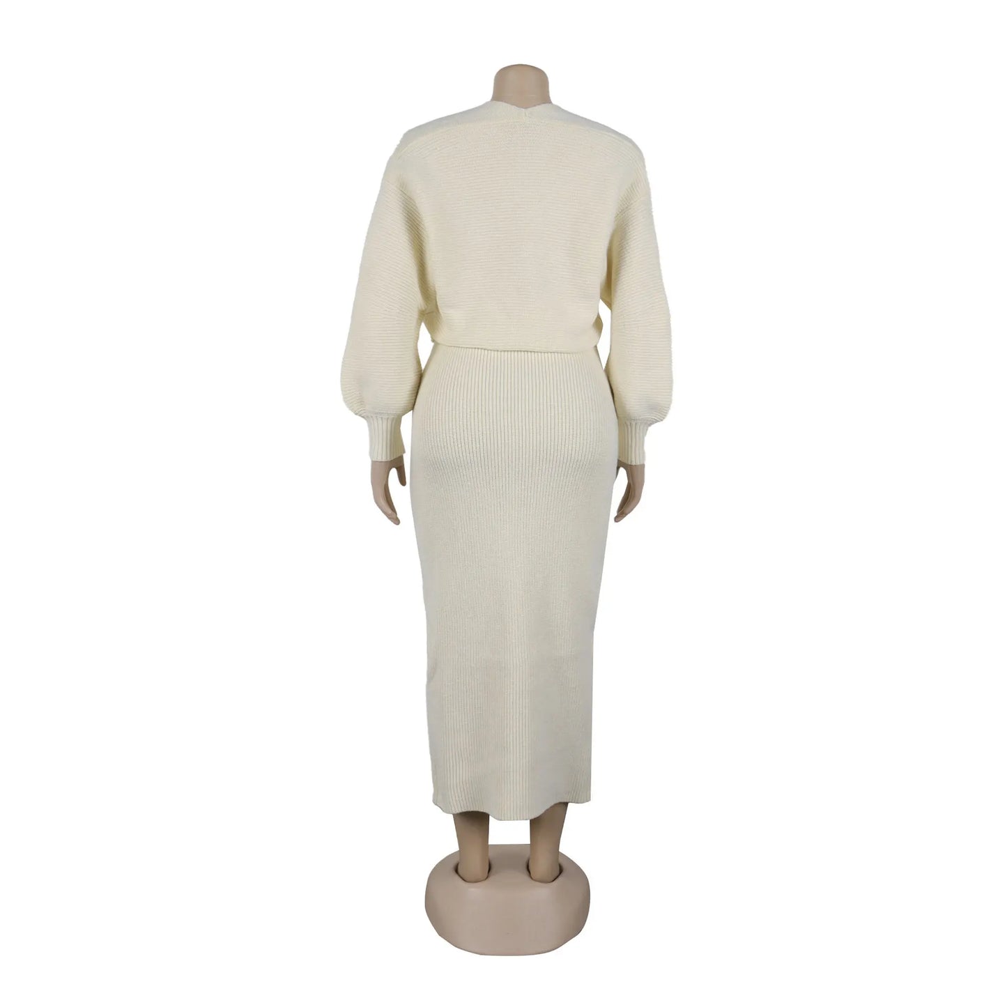 FAGADOER High Quality Elegant Knit Women 2 Piece Set Outfit Hollow Out Lantern Sleeve Crop Cardigan + Long Skirt Suit Streetwear