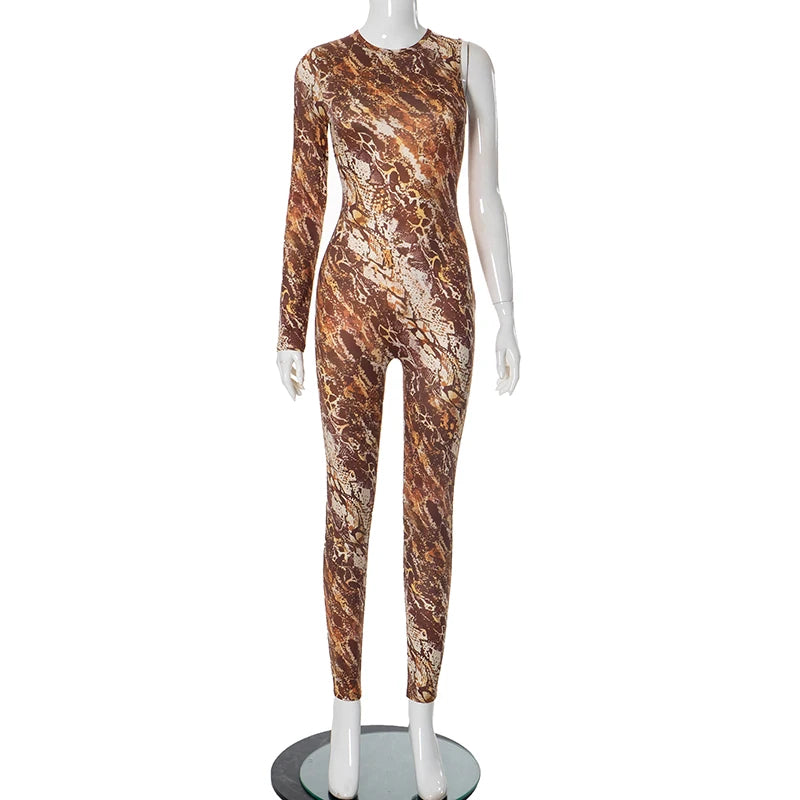 CUTENOVA 2025 Spring Brown Single Shoulder Long Sleeve One Piece Jumpsuit Snake Print Back Zipper Jumpsuits For Women Sexy Wear