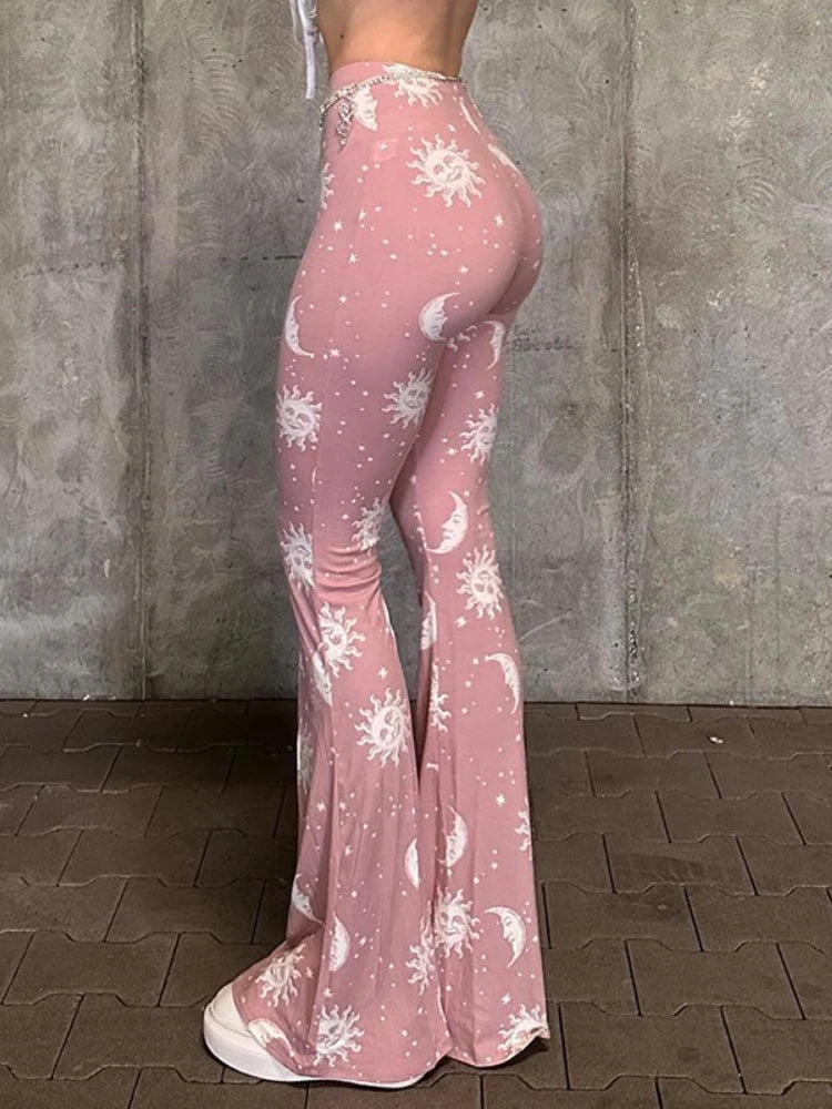 Summer Fashion Pink Pants Women Casual Slim Printed Long Flared Pants Streetwear Women Low-Rise Patchwork Abstract Y2k Pants