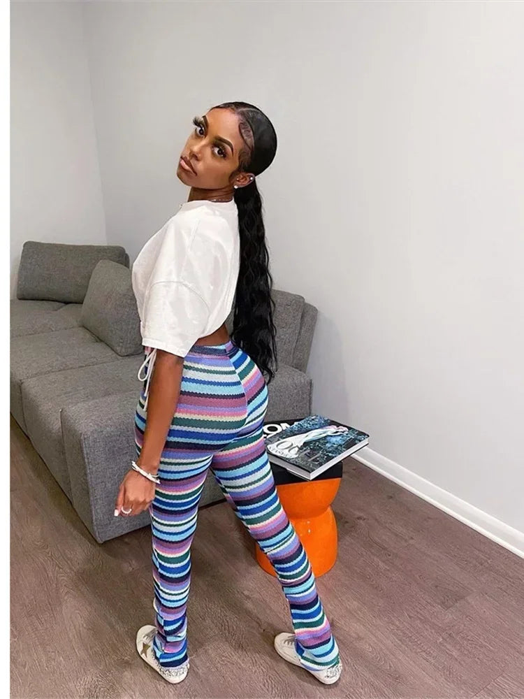 Leosoxs Colorful Striped Women Flare Pants Knitted Elastic Waist Skinny New Summer Trendy Y2K Streetwear Daily Wild Bottoms
