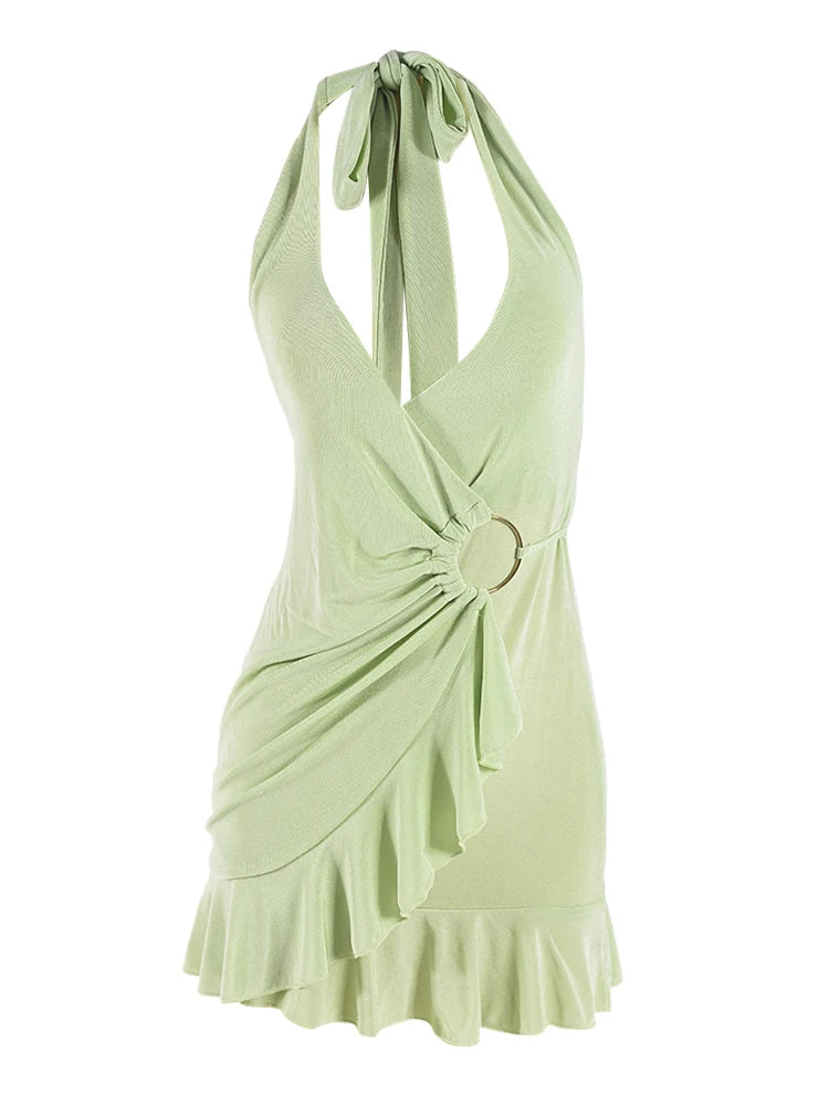 kliou Halter Bandage Women Mini Dress Concise Solid Sexy Deep V- Neck Backless Ruched Ruffle Robe Mujer Birthday Party Vestidos