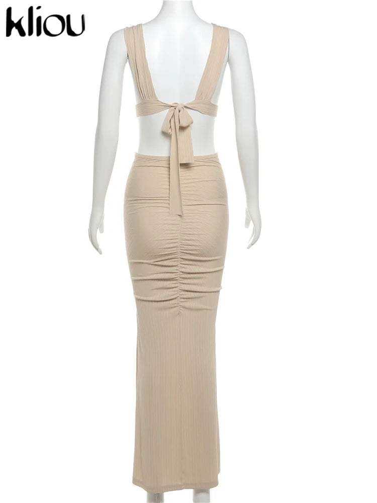 kliou Woven Shirring Women Long Dresses Solid Sexy Elegant Deep V-neck Hollow Stunning Bodycon Mujer High Street Party Vestidos
