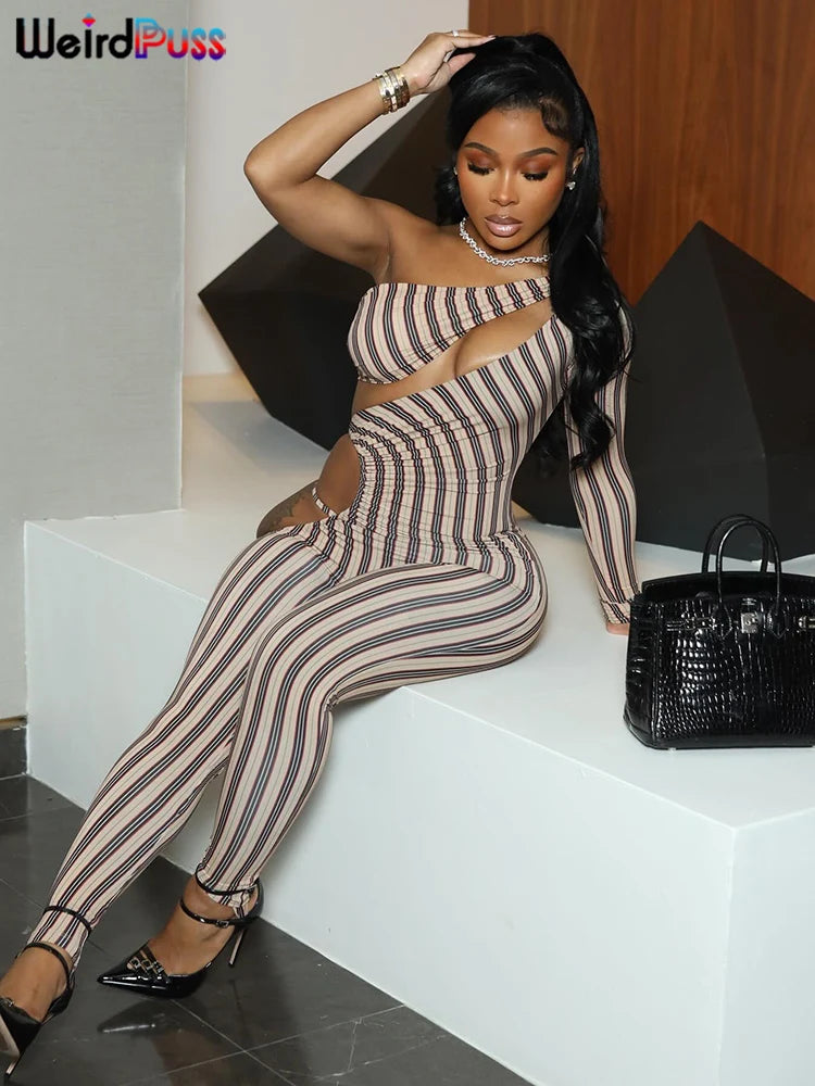 Weird Puss Sexy Hollow Jumpsuit Women Ruched Irregular Hipster Club Stripe Print Full Sleeve Midnight Activity Workout Overalls