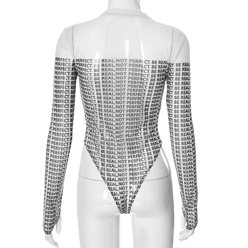 New Sexy See Thorugh Bodysuit Womens Long Sleeve Graphic One Pieces T-Shirt Corset Tops Autumn High Waist Mesh Jumpsuits