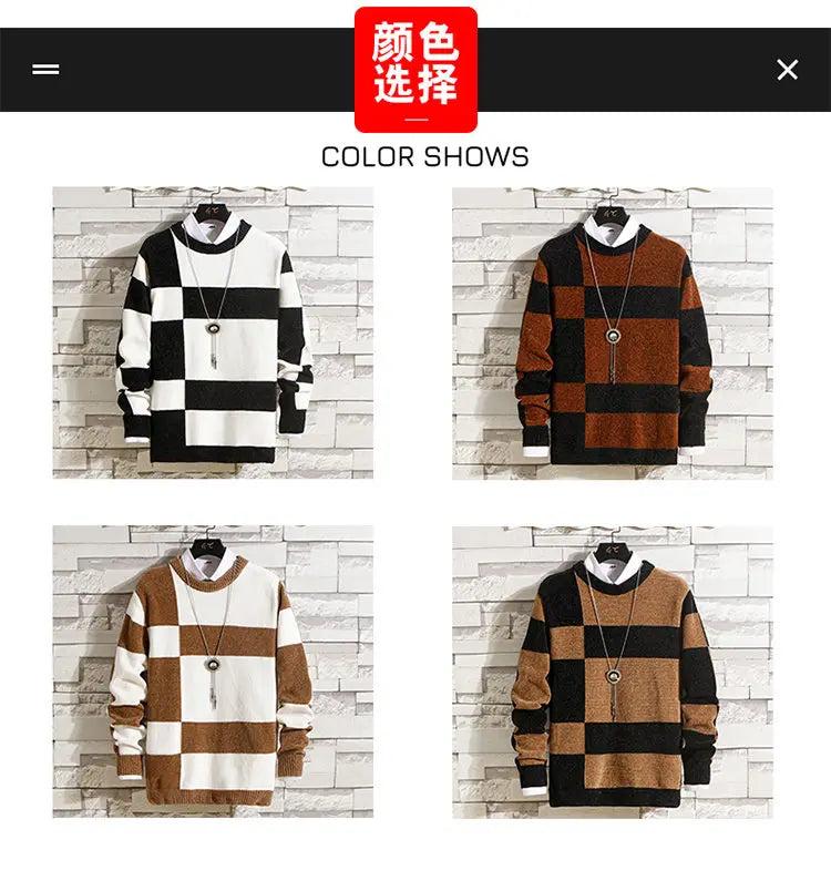 Men's Fashion Long Sleeve Round Neck Black and White Striped Chenille Sweater Autumn/winter Comfort Knit