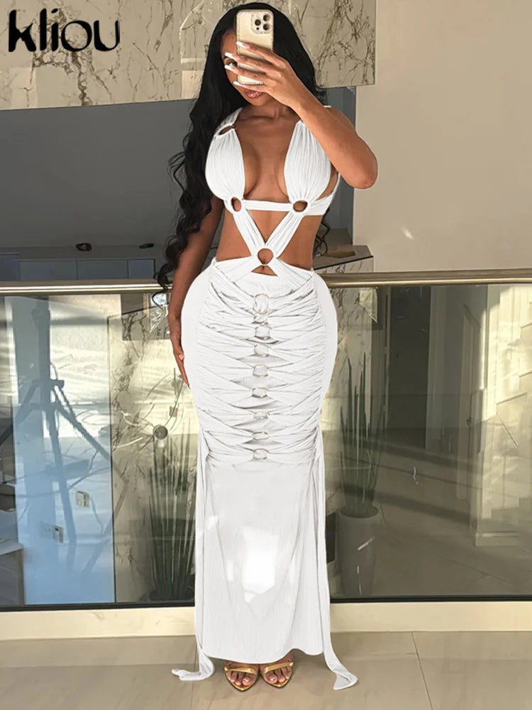 kliou Woven Shirring Women Long Dresses Solid Sexy Elegant Deep V-neck Hollow Stunning Bodycon Mujer High Street Party Vestidos