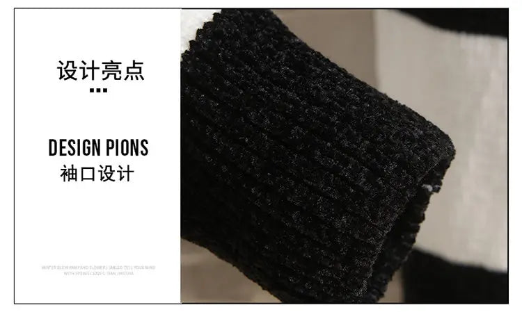 Men's Fashion Long Sleeve Round Neck Black and White Striped Chenille Sweater Autumn/winter Comfort Knit