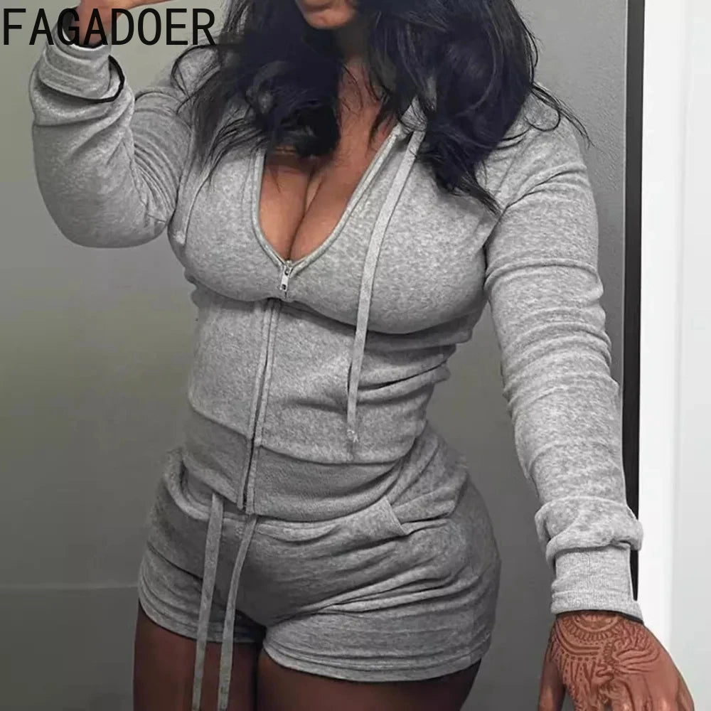 FAGADOER Casual Solid Hooded Zip Shorts Tracksuits Women