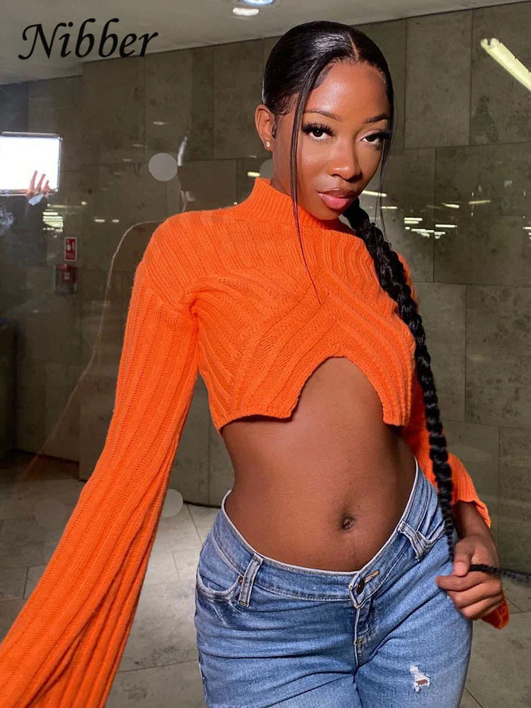 Nibber Autumn Solid Color Pullovers Clother For Women O-neck Midriff-baring Long-sleveed All-match Sweater Streetwear Travel