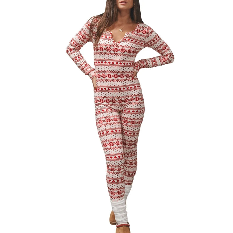 Women's Christmas Pajamas Romper Long Sleeve Zip Up Jumpsuit Button Bodycon Bodysuit Snowflake Plaid Print Loungewear