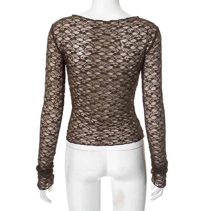 CUTENOVA Lace Women'S Tops Hollow Out Basic Casual Elegant Long Sleeve Tops See-Through Party For Sexy Lady Fashion Street Tops