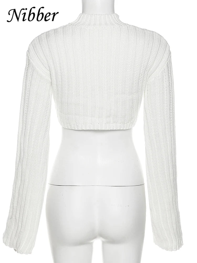 Nibber Autumn Solid Color Pullovers Clother For Women O-neck Midriff-baring Long-sleveed All-match Sweater Streetwear Travel