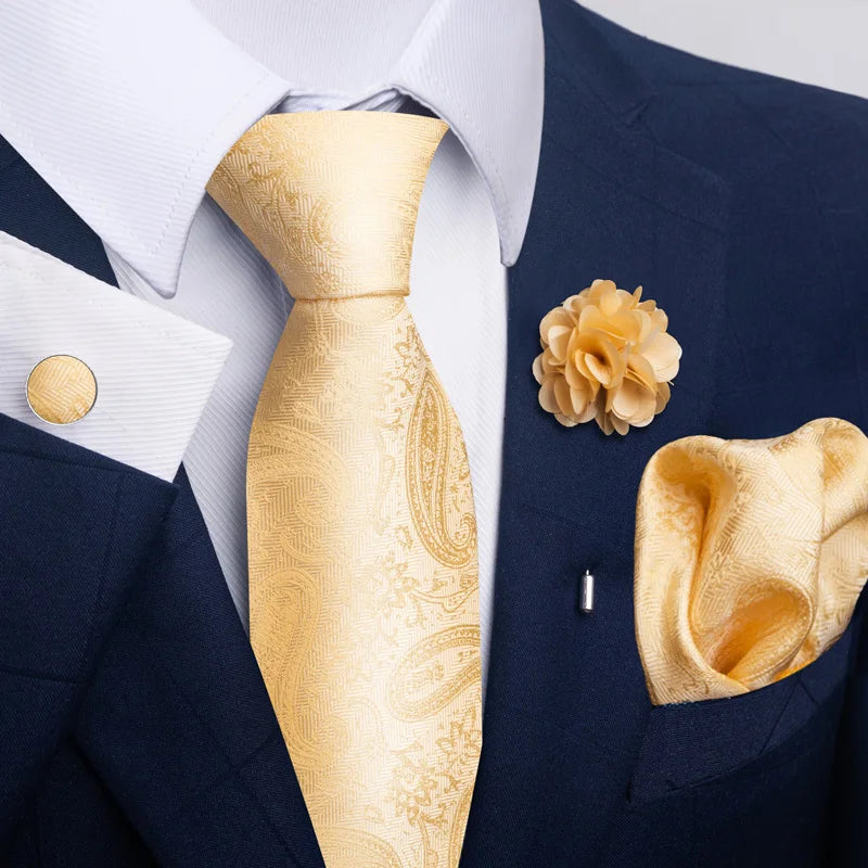 Luxury Mens Ties Floral Black Gold Ties Paisley NeckTie Pocket Square Cufflinks Brooch Set Men's Wedding Party Tie
